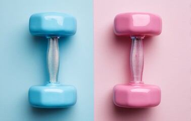The image features a plastic dumbbell positioned on a blue background, accentuated by a pink pastel circle and shot from a top view to embody a minimalist approach to sports