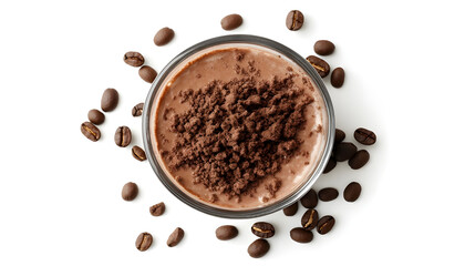 Obraz premium Delicious tiramisu with coffee beans in glass isolated on white, top view