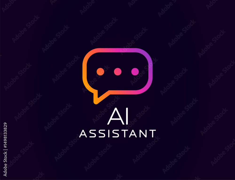 Poster AI assistant logo with message bubble icon, glowing gradient outline, modern minimal style. Great for virtual agents, tech support, smart communication apps. Vector illustration.