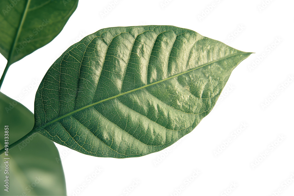 Poster Detailed close-up of a green, textured leaf showcasing natural patterns on a transparent background ideal for design and nature projects