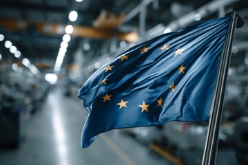 European Union Flag Displayed Waving Inside an Industrial Production Factory