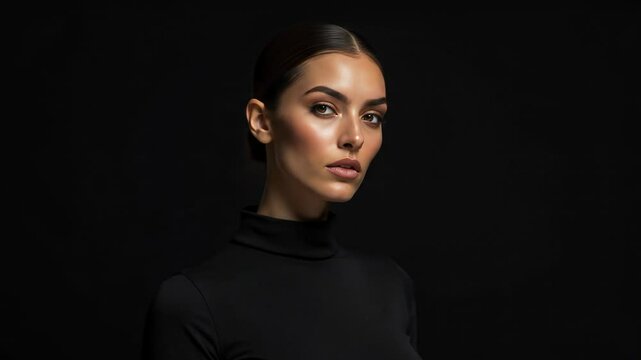 Elegant young woman with slicked back hair in black turtleneck posing on dark studio background