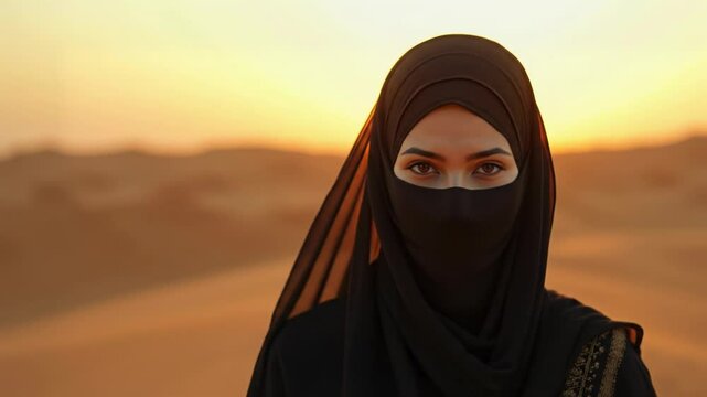Mysterious arab woman in black niqab and hijab walking through desert landscape at golden sunset