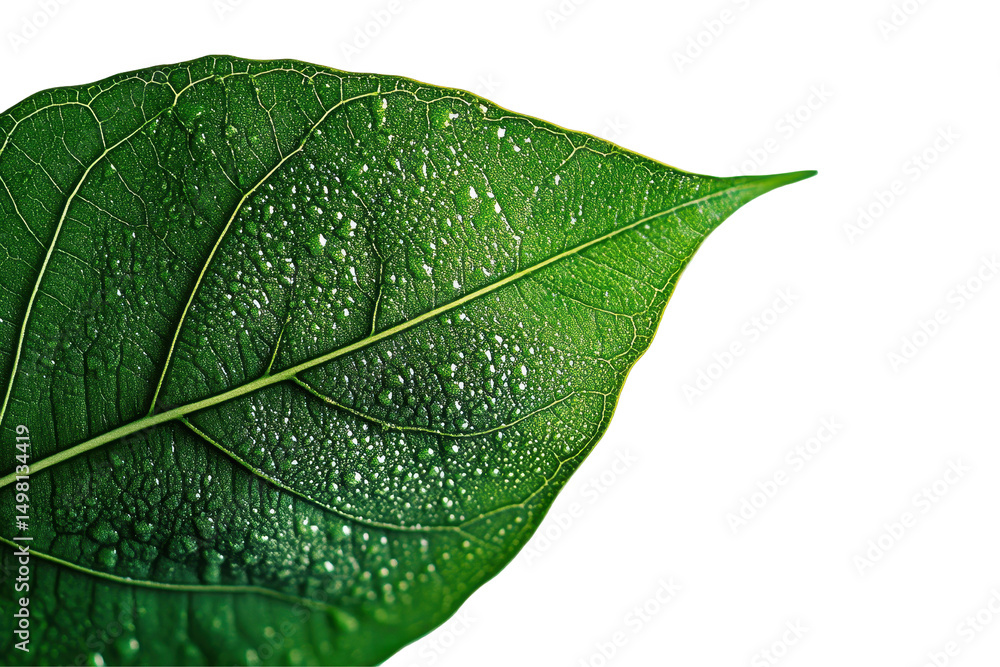 Poster detailed close-up of a green, textured leaf showcasing natural patterns on a transparent background 