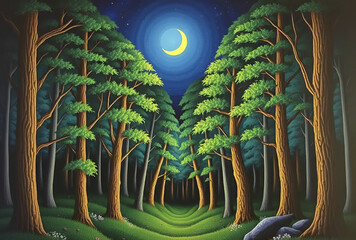 Moonlit night landscape with silhouetted trees under a dark sky of stars, Generative AI