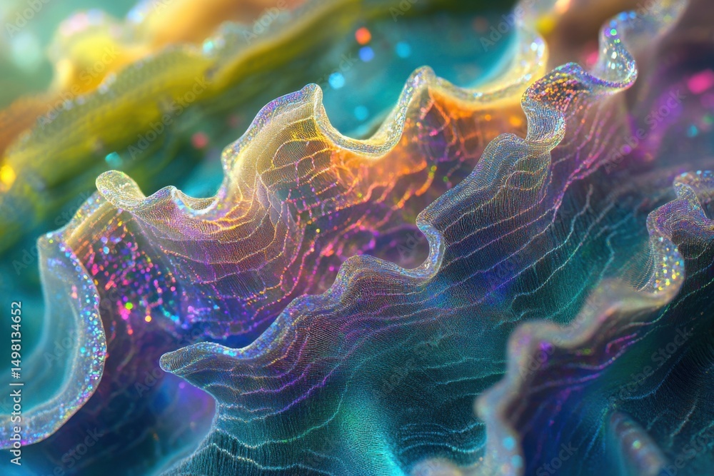 Poster iridescent fibrous wavy surface showcases mesmerizing abstract motion and texture, iridescent fibrou