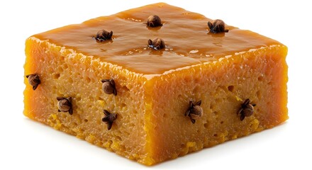 Golden Spice Dessert: A single square of inviting golden cake with a smooth, glistening top, studded with aromatic spice. An ideal visual for culinary creations.