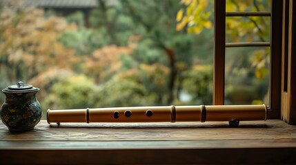 Obraz premium Golden bamboo flute rests on a wooden windowsill.