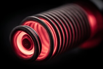 Close-up of a glowing hot metal coil on a dark background showing bright red illumination