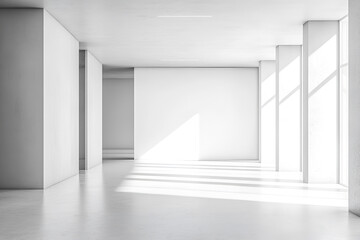 Modern Minimalist Interior Design Sunlight Streaming Through Large Windows in a White Room