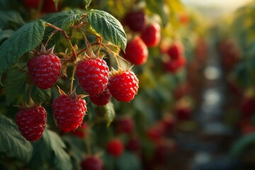 Ripe Red Raspberries Hanging on Thorny Stems in an Orchard