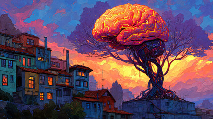 Brain Tree City Landscape Sunset Art Creativity Nature Buildings Vibrant Dreamlike Urban Visualization Abstract Organic Mind Roots Psychology Thoughts Consciousness Branches Scenery Illustration 