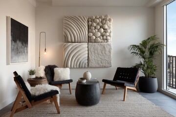 Living room interior with textured artwork, potted plant, and minimalist chairs arranged on neutral rug
