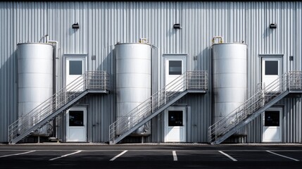 Fototapeta premium Industrial storage tanks with external staircases on a modern warehouse exterior