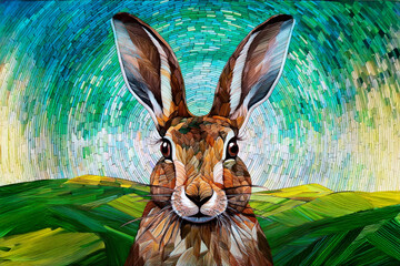 Mosaic painting image of portrait of hare against landscape backdrop 