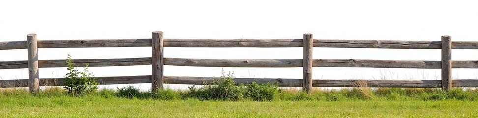 A rustic wooden ranch fence against a bright white background, perfect for design projects needing a clean, country feel  Ideal for branding, websites, and more , texture, meadow
