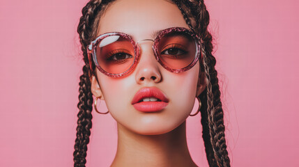 Fashion Forward: A portrait of a stylish individual, adorned with distinctive eyewear, showcasing contemporary beauty against a simple background