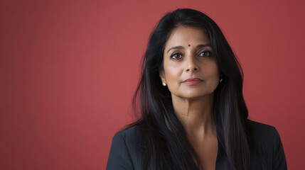 Confident Woman Portrait: A sophisticated woman with long black hair and a calm expression gazes directly at the camera against a deep red backdrop.