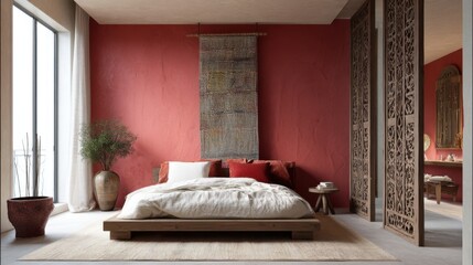 eastern vintage modern bedroom full view, warm carmine wall, carved wood divider beside bed, low linen platform, hanging textile panel above head
