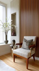 eastern vintage modern living room full view, fig wall, bamboo slat accent above low wall niche, vintage sculpted chair, soft side daylight, vertical rich