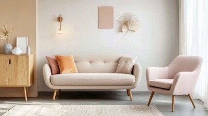Fototapeta premium Full small contemporary room, light taupe sofa, soft fabric armchair, oak sideboard in wall niche, warm wall lighting, pastel palette