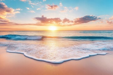 Fototapeta premium Sunset glow over calm sea shore with gentle waves on tranquil beach, Sunset on sea shore beach Calm and tranquil background