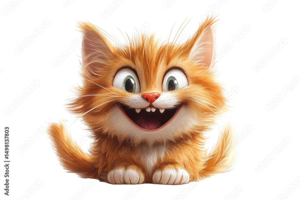 Poster Cute smiling orange kitten sitting happily with closed eyes and a joyful expression, creating a cheerful atmosphere in a playful design