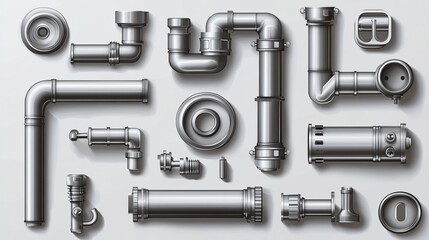 3D realistic vector set of stainless steel metallic pipes and plumbing fittings, featuring components for water, fuel, and gas supply systems, oil refinery pipelines, and bolted house sewer sections