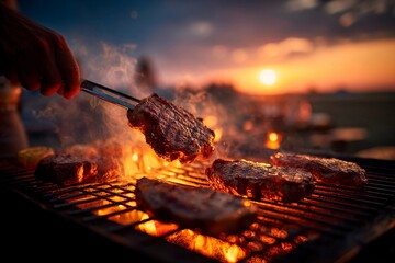 Juicy steaks are expertly grilled over an open flame as the sun sets, creating a beautiful backdrop with smoke wafting into the evening sky