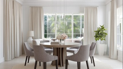 rustic contemporary dining room full view, mocha fabric chairs, round wood table, pastel sand curtains, soft ambient light, clean balanced composition