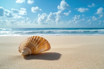 Seashell resting on sandy beach under bright sunlight and blue sky with gentle ocean waves, Seashell sits on sandy beach under blue sky, with sunlight creating shadows