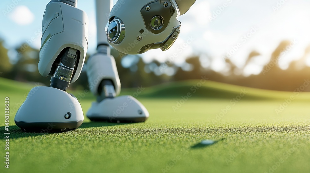 Poster closeup of a golf robot's sophisticated sensors on the green high-tech environment macro viewpoint f