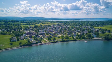 Aerial view of lakeside townscape on sunny day