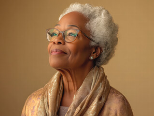 Elderly woman with hope and optimism: An elderly woman with a gentle smile gazes upwards, exuding a sense of peacefulness and hope against a warm, inviting backdrop.