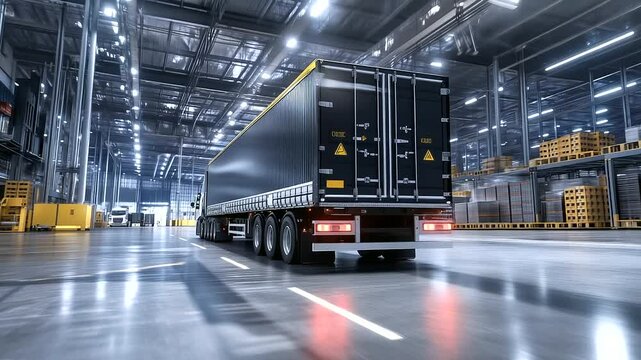 A giant cargo trailer truck pulling into a logistics hub, surrounded by cranes and pallets, highlighting commercial freight movement and supply chain operations