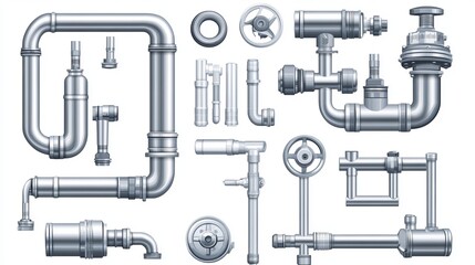 Realistic 3D vector illustration of a water meter and pressure regulator. Set of metallic stainless steel pipes, plumbing fittings