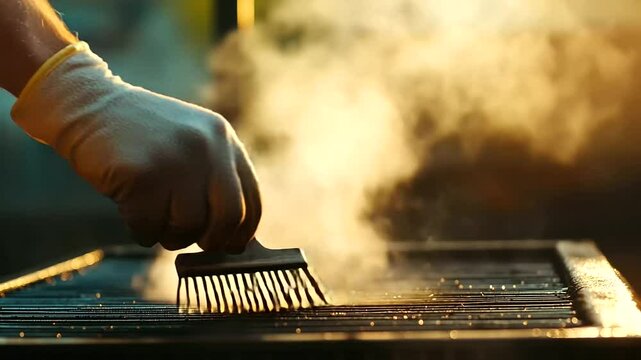 A hand in a protective glove aggressively scrubbing the grill with a metal brush, the warm evening light casting soft shadows on the deck, preparing the grill for a weekend BBQ par