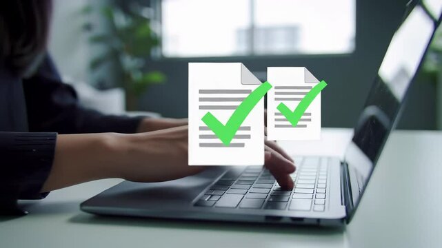 Person typing on laptop with digital document verification graphics. Green checkmarks on electronic paperwork indicate task completion. Paperless workflow management system with approved files