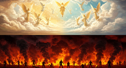 Heaven and hell dichotomy angelic ethereal celestial fiery landscape afterlife purgatory good vs