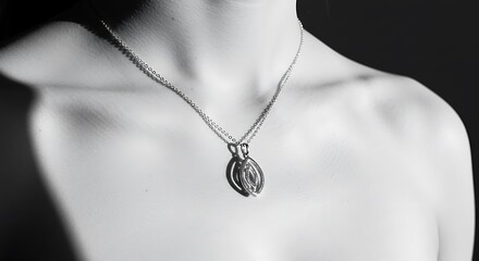 An elegant black and white close-up shot focuses on a woman's neck, collarbones, and bare shoulders, adorned with a delicate double-chain necklace. 