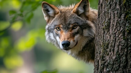 Fototapeta premium Wolf observing from behind tree trunk forest wildlife photography natural habitat close-up perspective