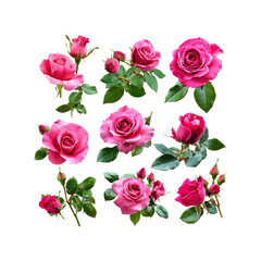 Collection of Pink Roses Blossoms, Buds, and Leaves Isolated on Black