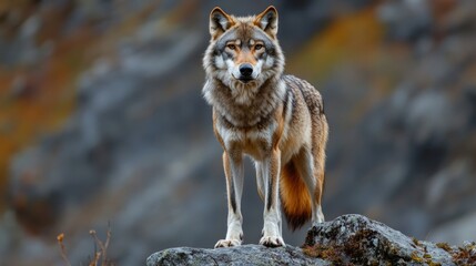 Fototapeta premium Majestic wolf standing tall on rocky ridge nature photography wild animal portrait elevated view captivating wilderness scene