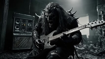 Demonic Metal Musician Playing Guitar in Post-Apocalyptic Setting