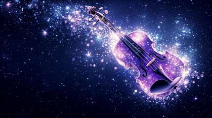 Fototapeta premium A captivating artistic representation of a violin, illuminated with celestial light against a backdrop of deep space, exuding beauty and tranquility.