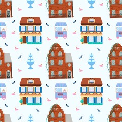 Seamless pattern with vintage houses, ice cream carts, fountains, and birds on light background. Perfect for summer, city, and travel-themed designs.