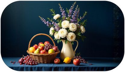 A wicker basket filled with apples, pears and grapes stands next to a ceramic jug in which they are standing   white roses and lavender.  
  