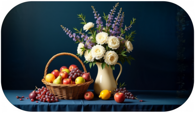 A wicker basket filled with apples, pears and grapes stands next to a ceramic jug in which they are standing   white roses and lavender.  
  