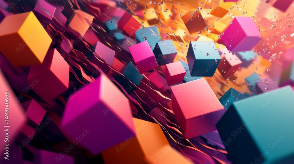 Poster dynamic floating cubes in a colorful abstract wallpaper vibrant digital art environment high-resolut