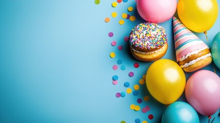A blue background with colorful confetti and balloons.